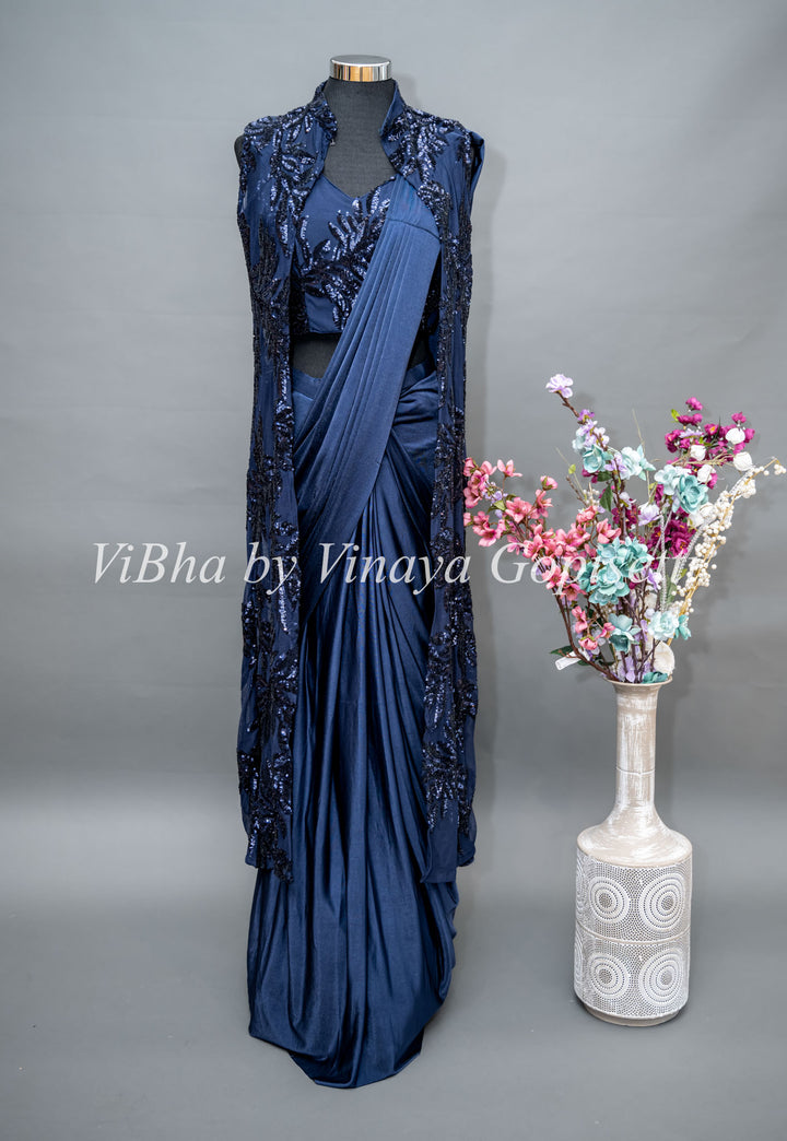 Navy Blue Draped Saree with Embroidered Jacket