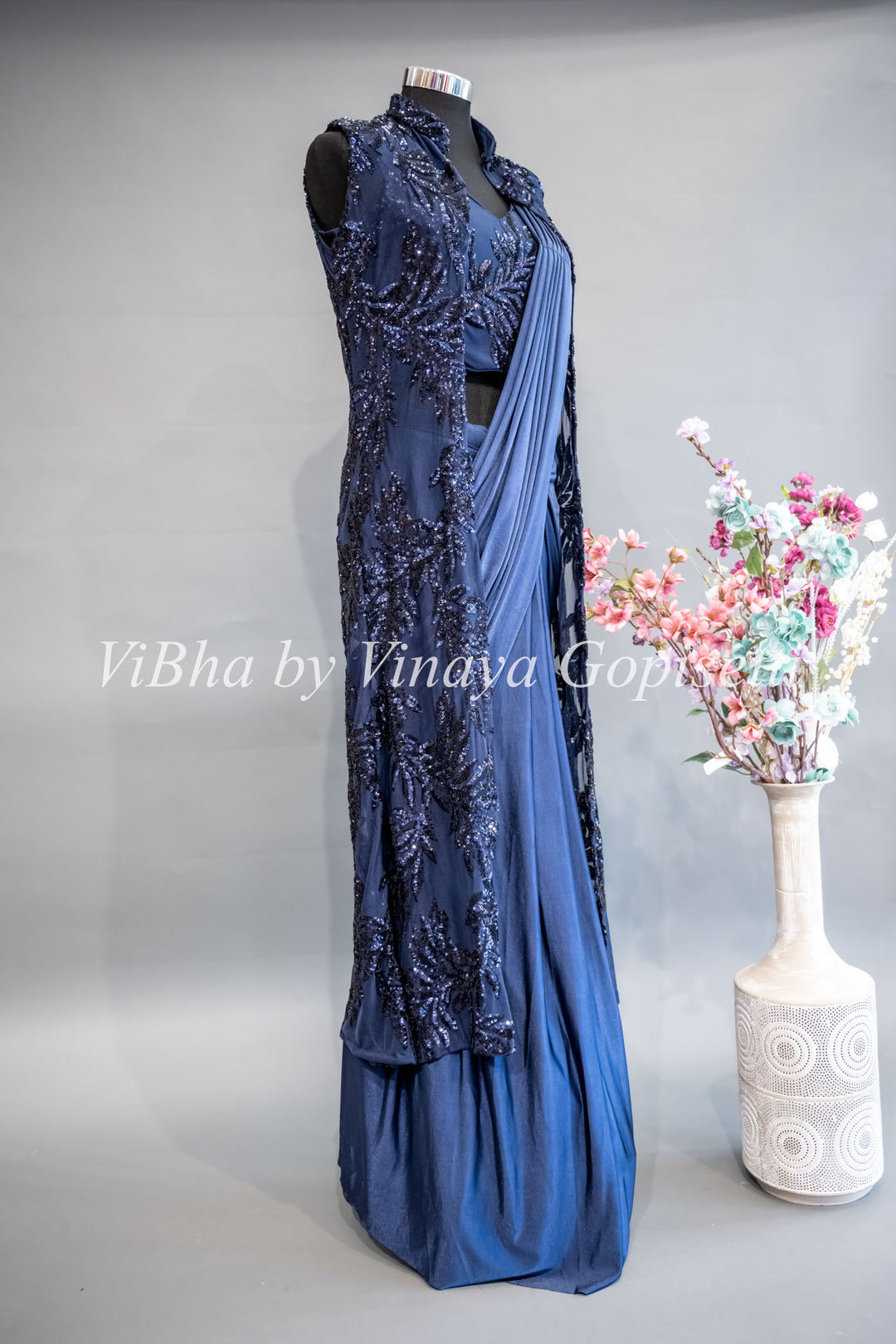 Navy Blue Draped Saree with Embroidered Jacket