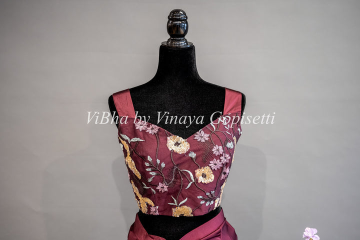 Maroon Draped Saree with Embroidered Jacket