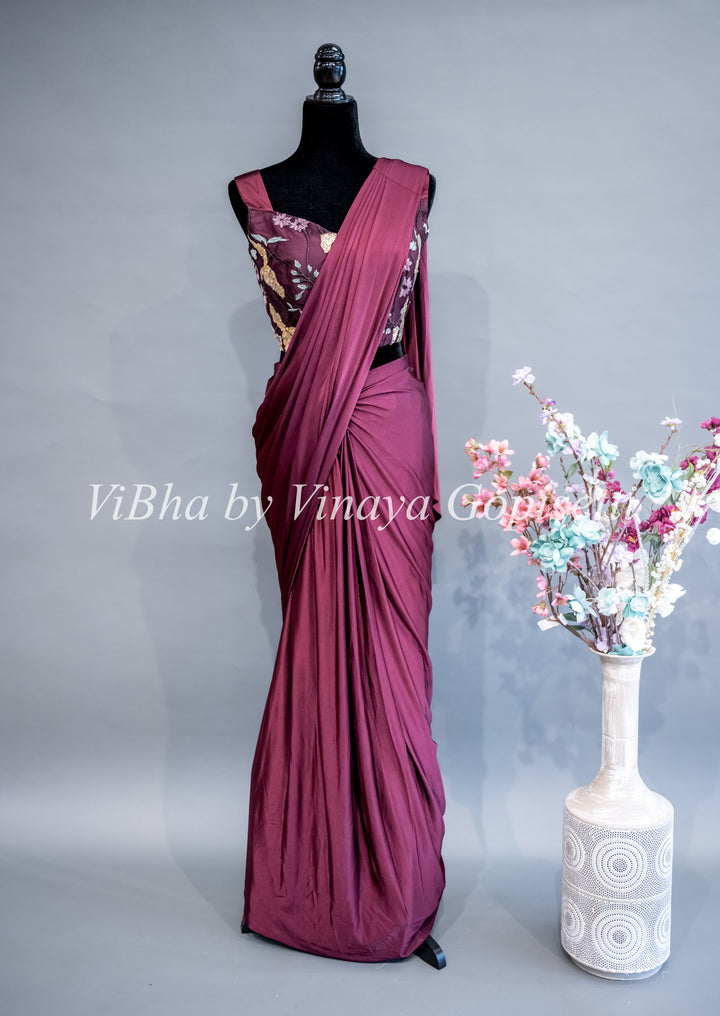 Maroon Draped Saree with Embroidered Jacket