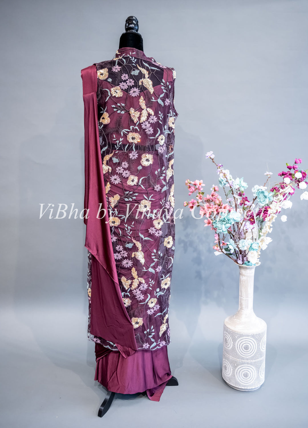 Maroon Draped Saree with Embroidered Jacket