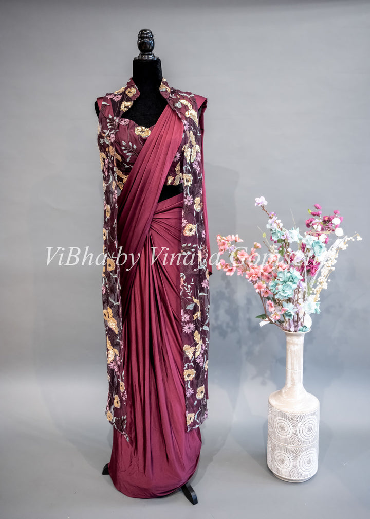 Maroon Draped Saree with Embroidered Jacket