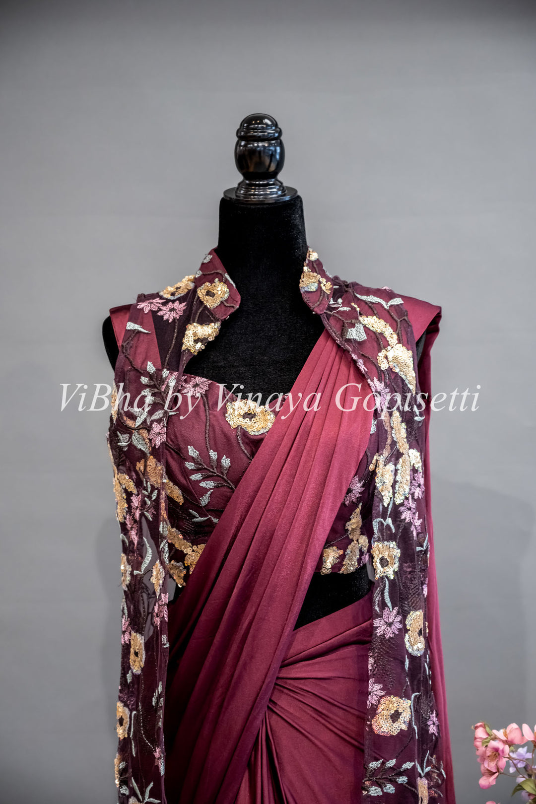 Maroon Draped Saree with Embroidered Jacket