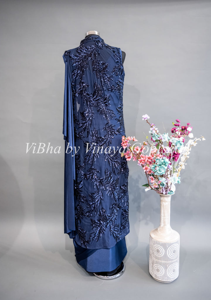 Navy Blue Draped Saree with Embroidered Jacket