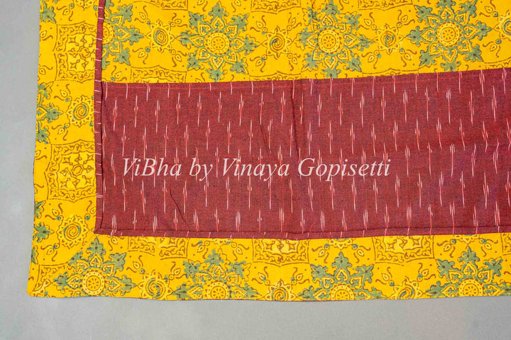 Green Ikkat Handloom Cotton With Yellow and Maroon Red Pen Kalamkari Borders Fusion Saree And Blouse