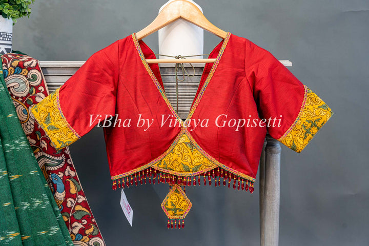 Green Ikkat Handloom Cotton With Yellow and Maroon Red Pen Kalamkari Borders Fusion Saree And Blouse