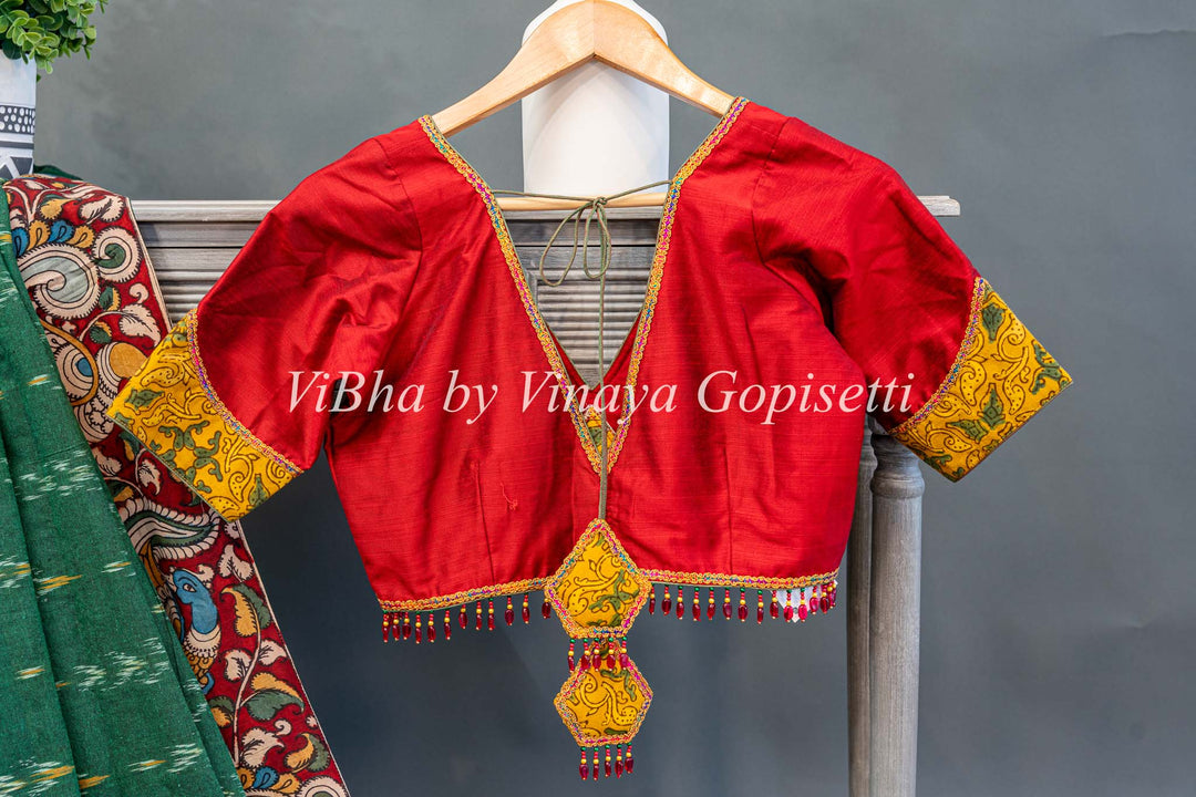 Green Ikkat Handloom Cotton With Yellow and Maroon Red Pen Kalamkari Borders Fusion Saree And Blouse