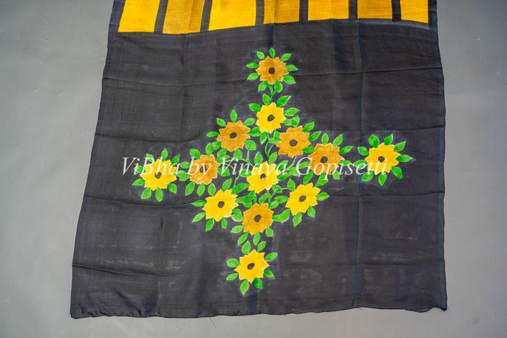 Yellow and Black Handpainted Tussar Silk Saree And Blouse