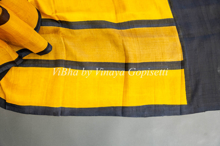 Yellow and Black Handpainted Tussar Silk Saree And Blouse