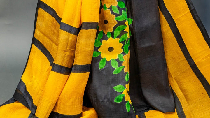 Yellow and Black Handpainted Tussar Silk Saree And Blouse