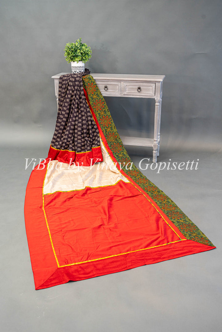 Red White and Black Ajrakh and Kalamkari fusion saree