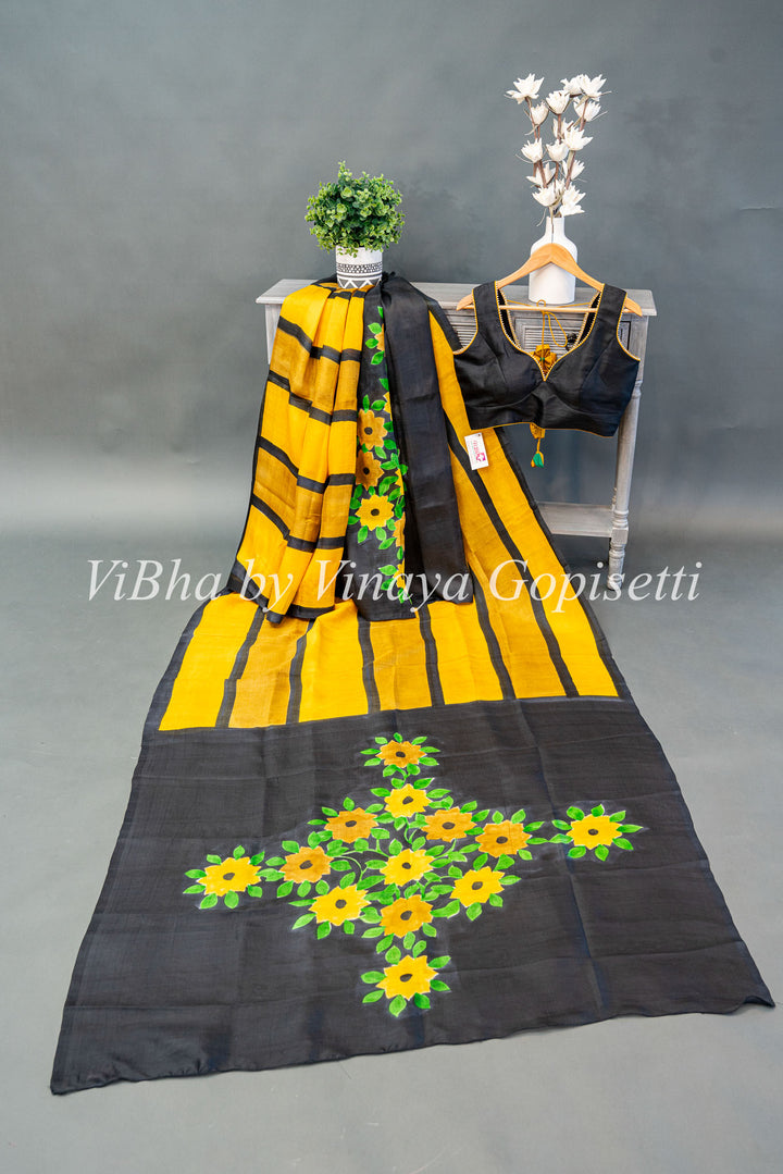 Yellow and Black Handpainted Tussar Silk Saree And Blouse