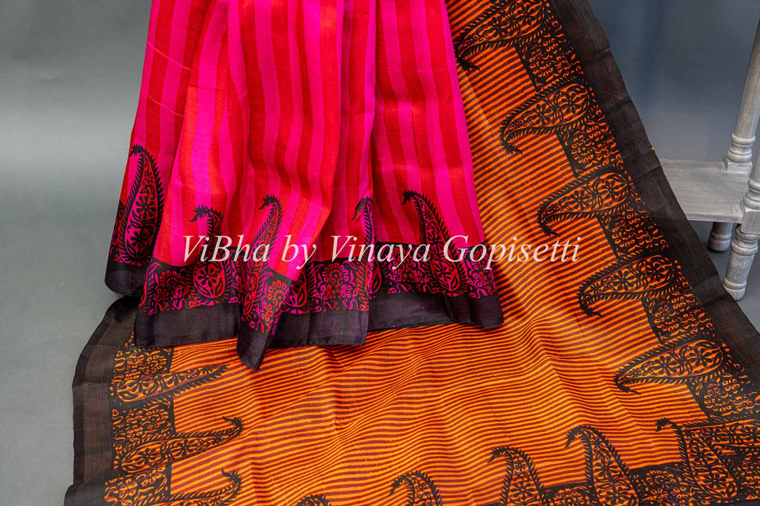 Multicolor Handpainted Tussar Silk Saree And Blouse