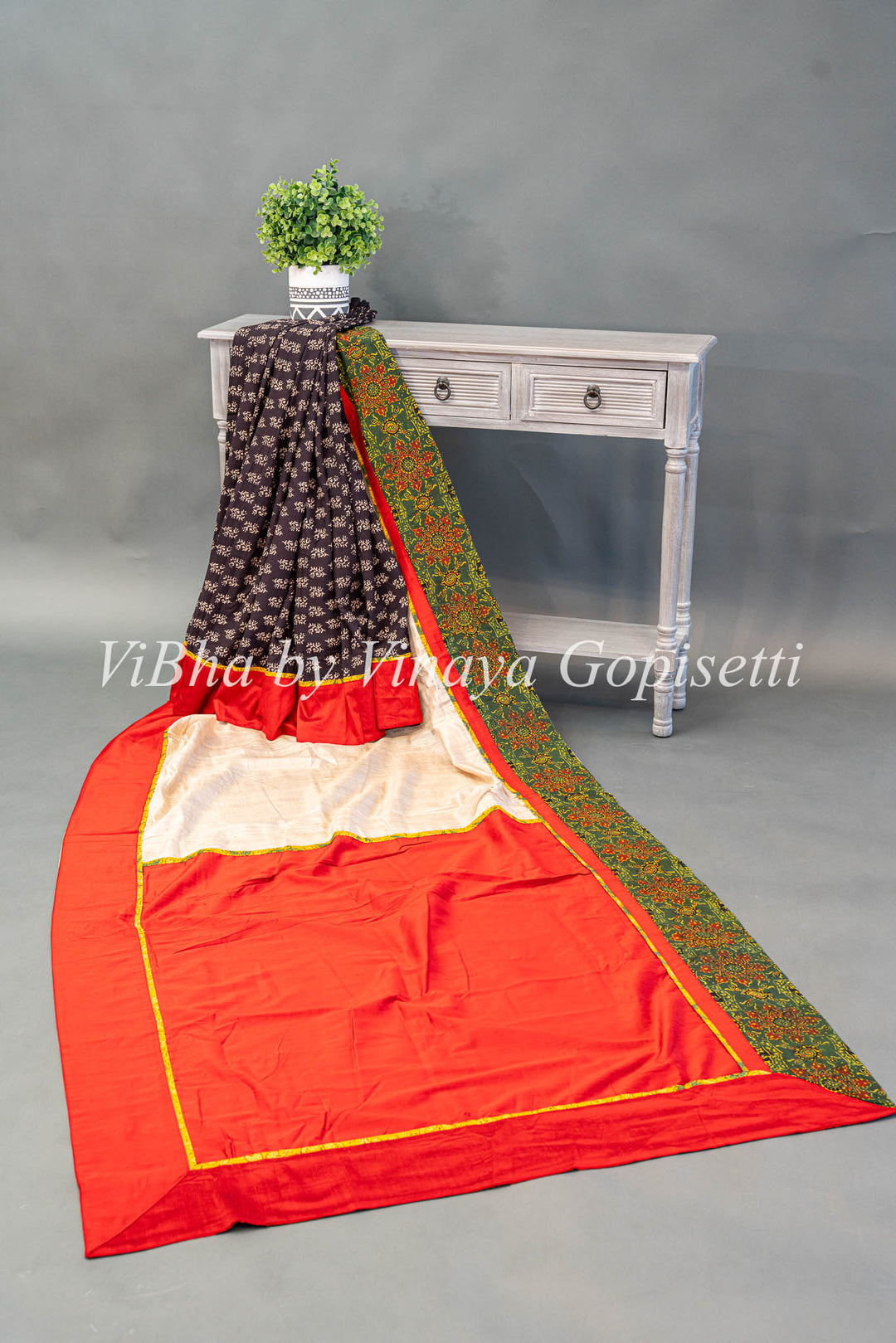 Red White and Black Ajrakh and Kalamkari fusion saree