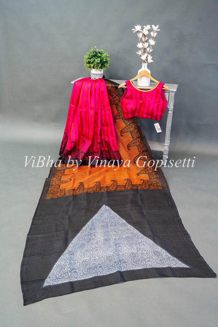 Multicolor Handpainted Tussar Silk Saree And Blouse