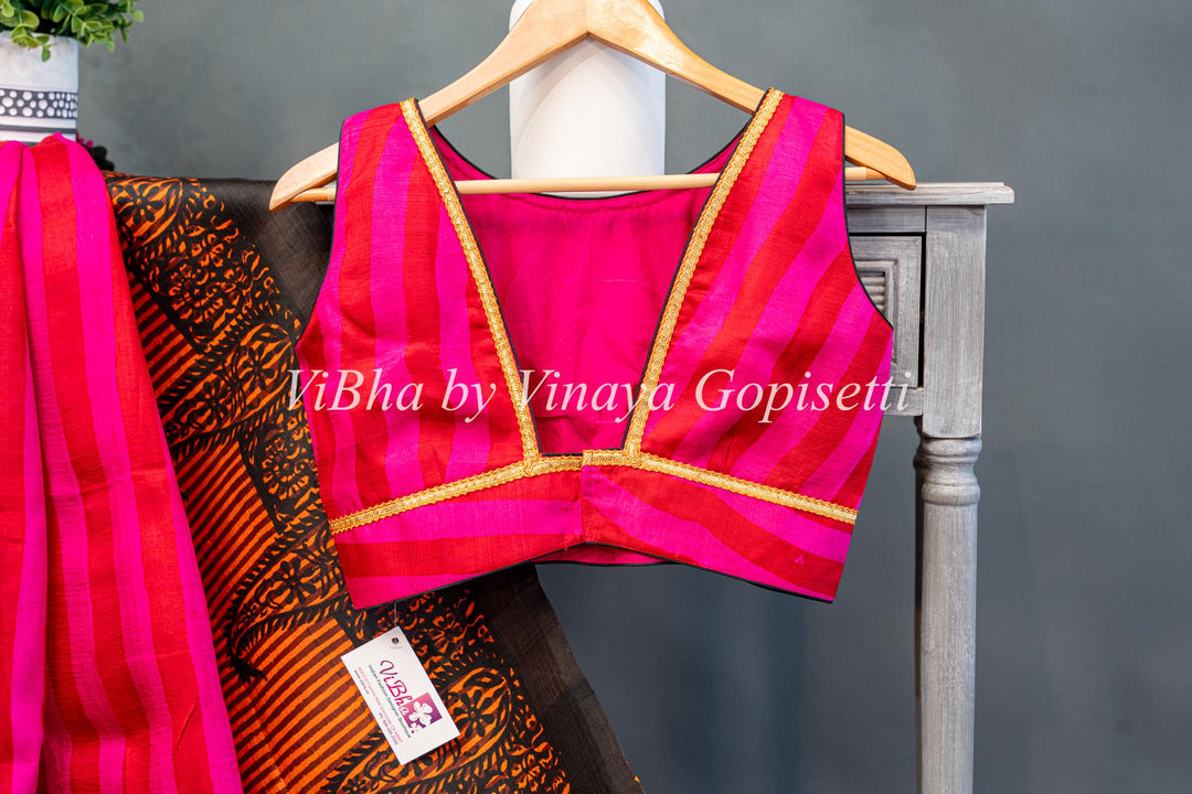 Multicolor Handpainted Tussar Silk Saree And Blouse