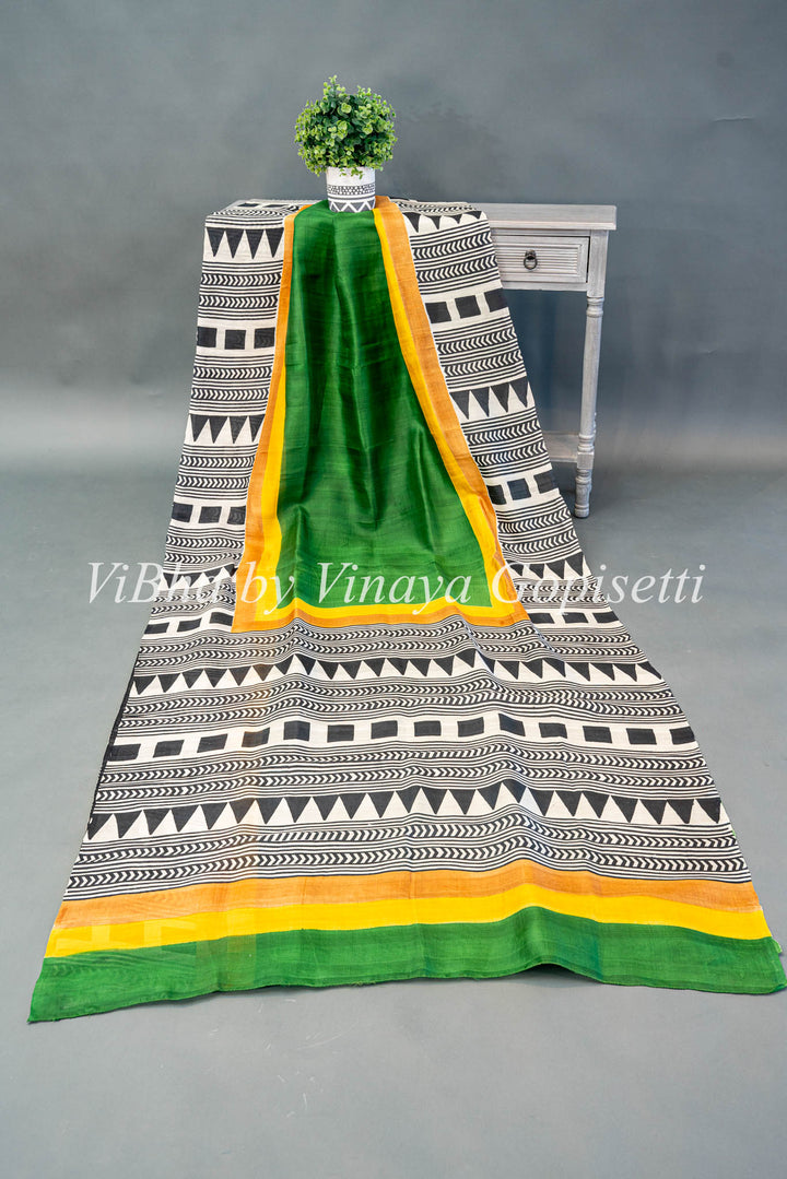 Green and Yellow Tussar Silk Saree And Blouse