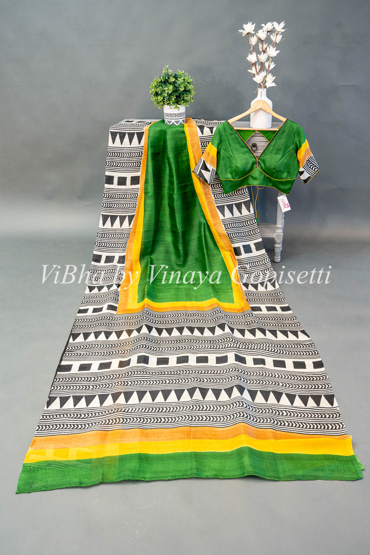 Green and Yellow Tussar Silk Saree And Blouse