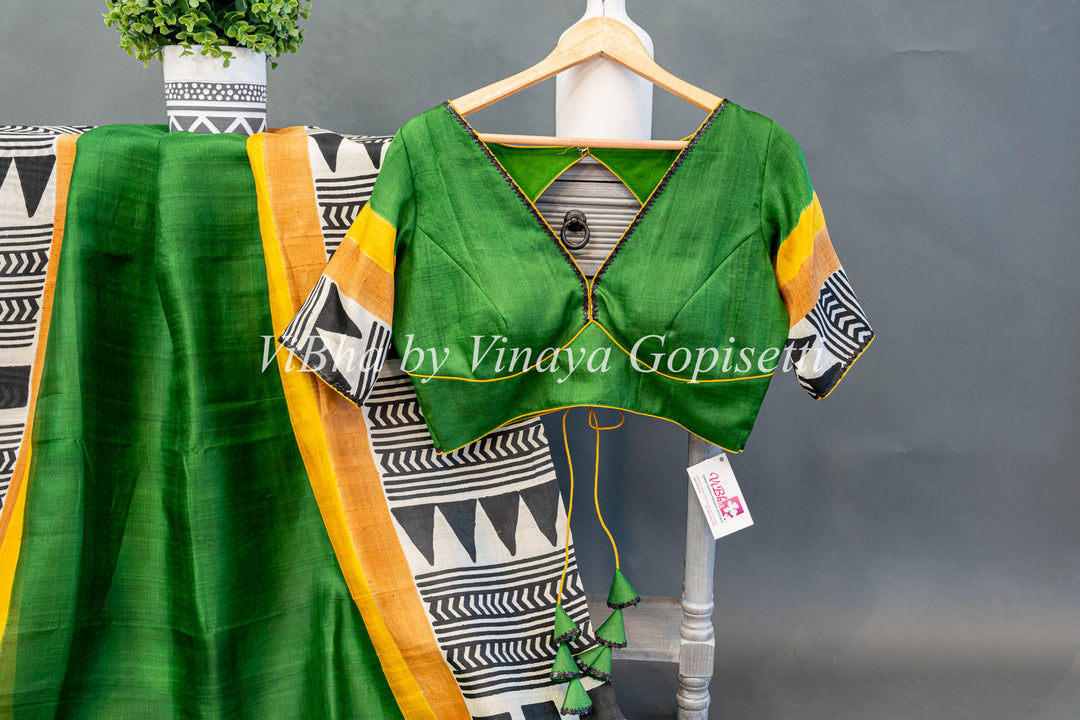 Green and Yellow Tussar Silk Saree And Blouse