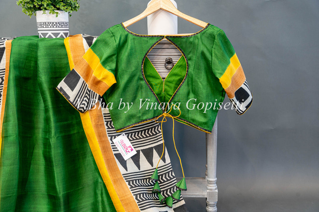 Green and Yellow Tussar Silk Saree And Blouse