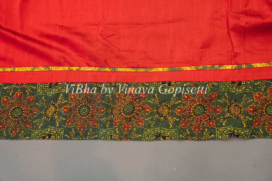 Red White and Black Ajrakh and Kalamkari fusion saree