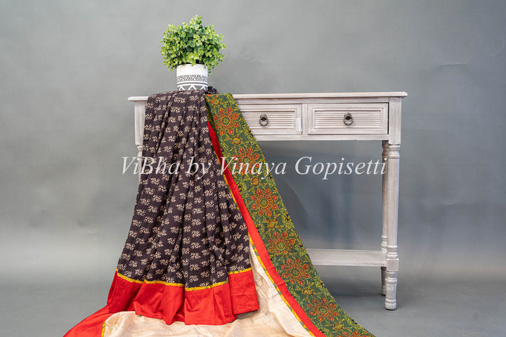 Red White and Black Ajrakh and Kalamkari fusion saree