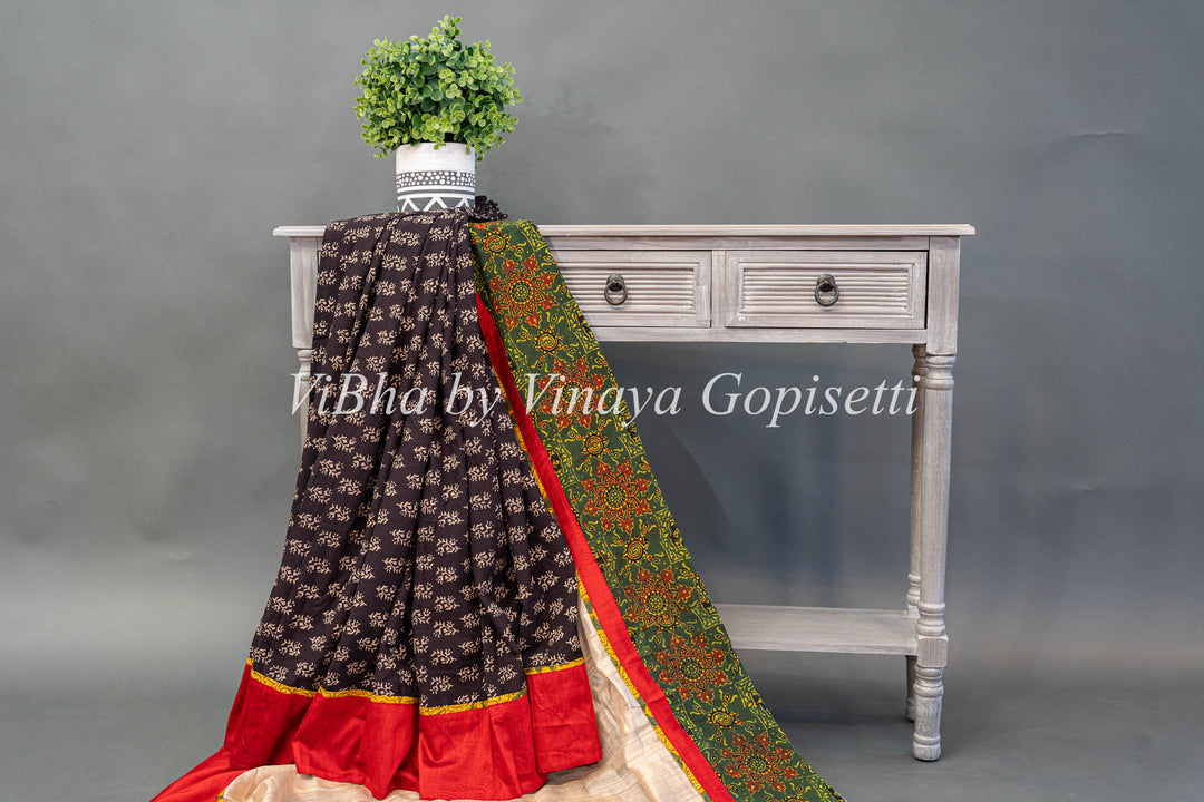 Red White and Black Ajrakh and Kalamkari fusion saree