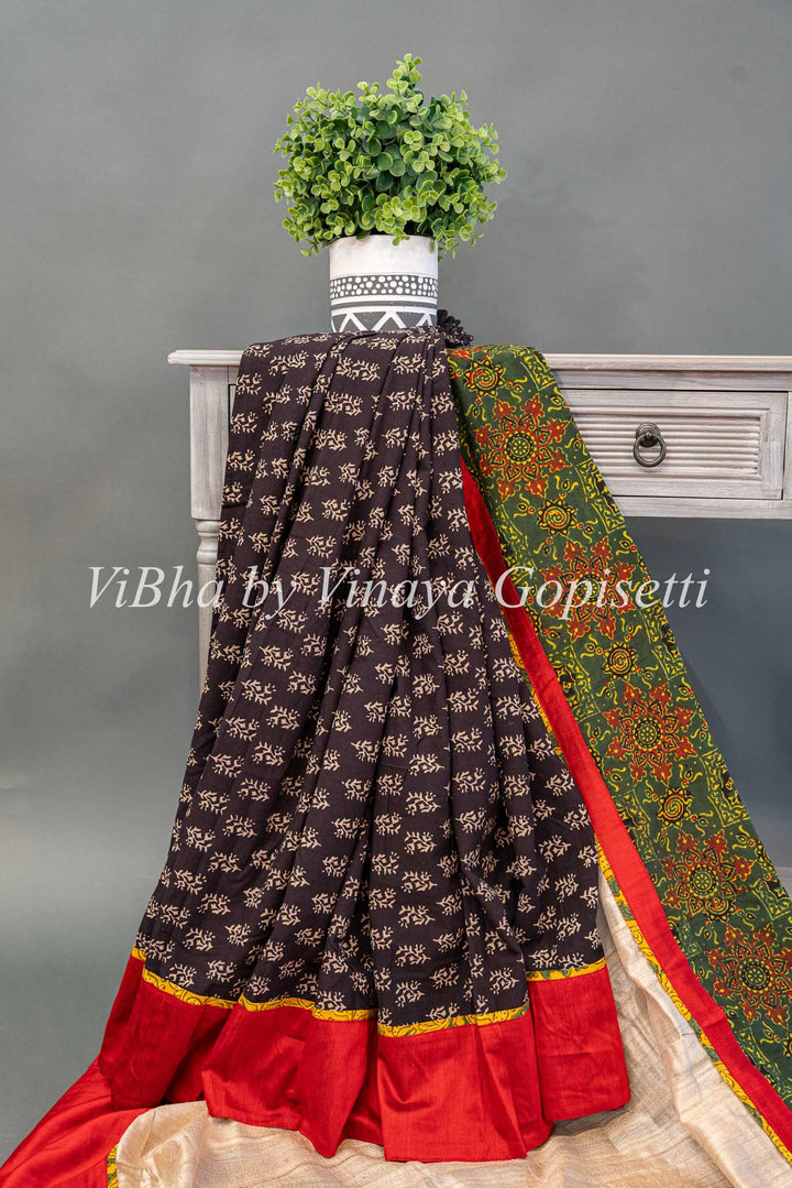 Red White and Black Ajrakh and Kalamkari fusion saree