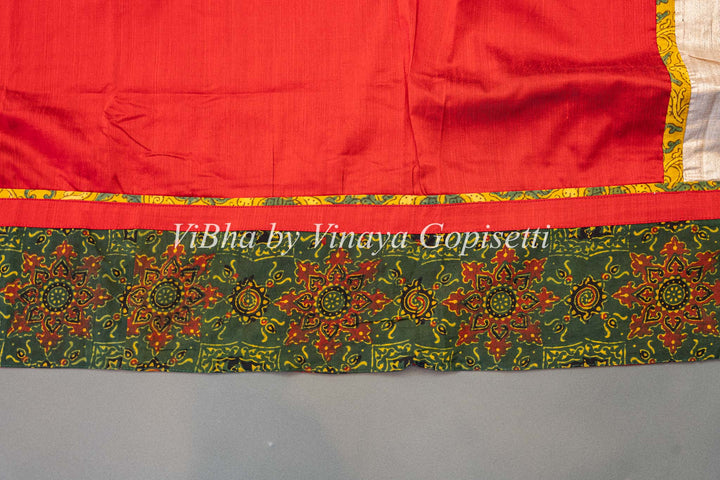 Red White and Black Ajrakh and Kalamkari fusion saree