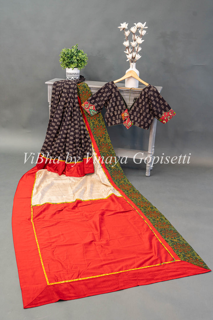 Red White and Black Ajrakh and Kalamkari fusion saree