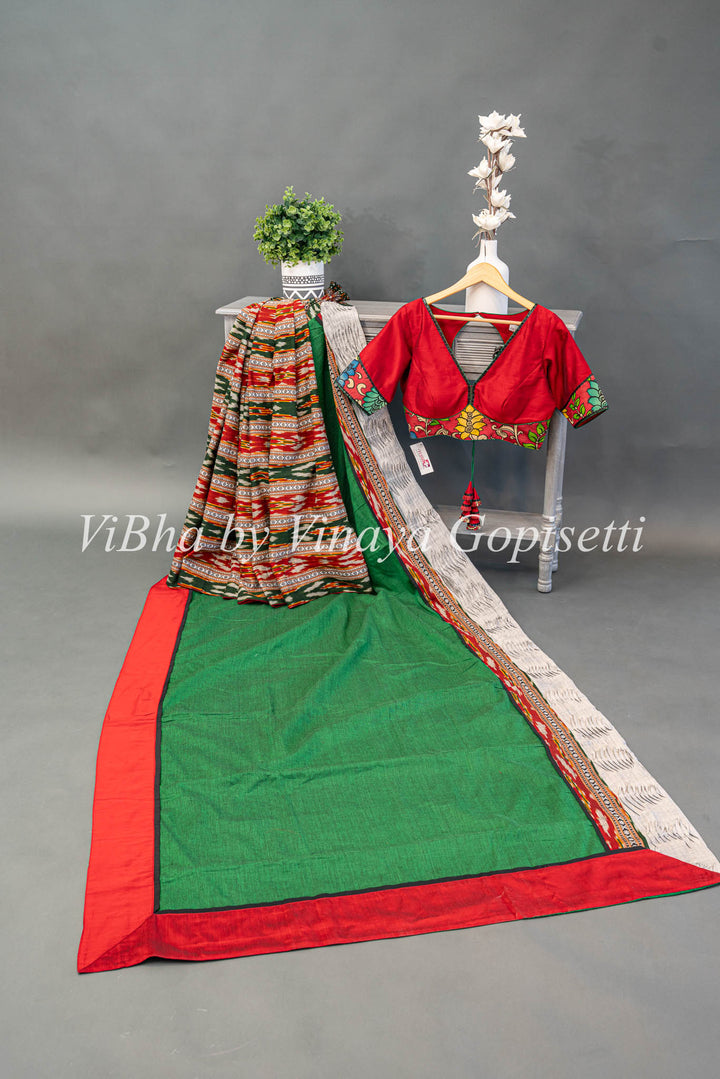 Green And Red Ikkat Half And Half Saree And Blouse