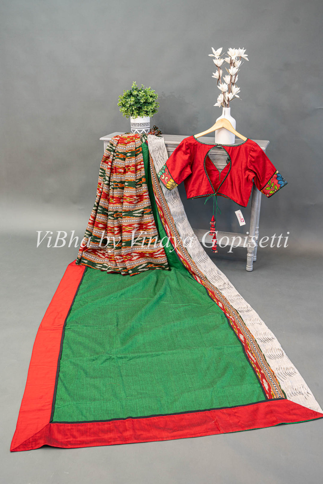 Green And Red Ikkat Half And Half Saree And Blouse