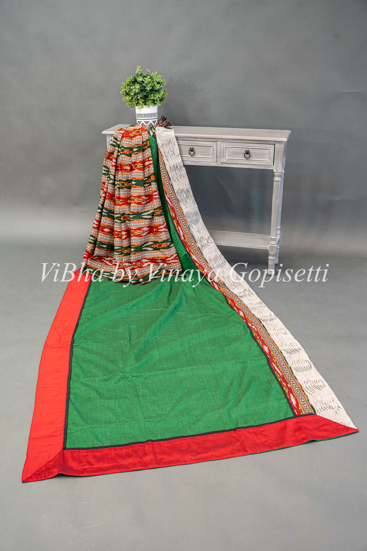 Green And Red Ikkat Half And Half Saree And Blouse