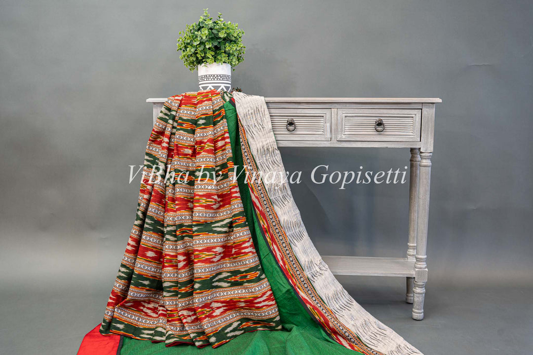 Green And Red Ikkat Half And Half Saree And Blouse