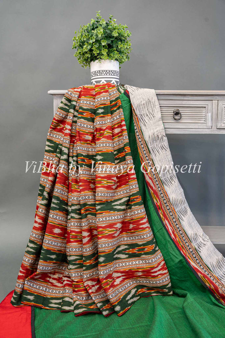 Green And Red Ikkat Half And Half Saree And Blouse