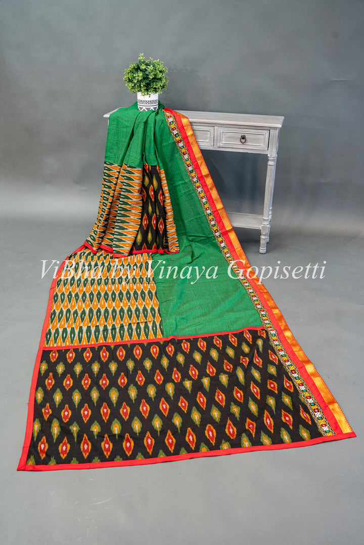 Green Handloom Cotton With Ikkat Weave And Kutch Borders Saree And Blouse