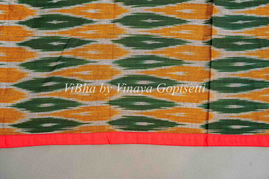 Green Handloom Cotton With Ikkat Weave And Kutch Borders Saree And Blouse