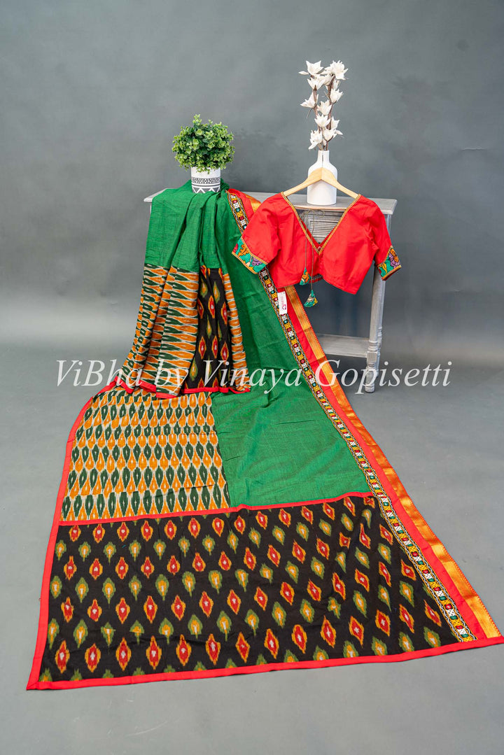 Green Handloom Cotton With Ikkat Weave And Kutch Borders Saree And Blouse