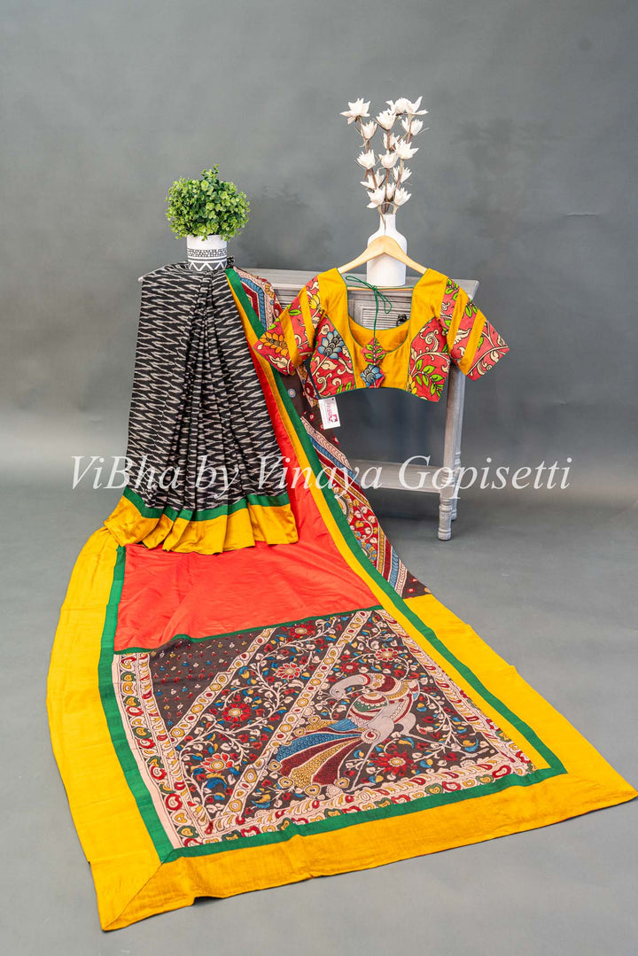 Ikkat And Pen Kalamkari Half And Half Fusion Saree And Blouse