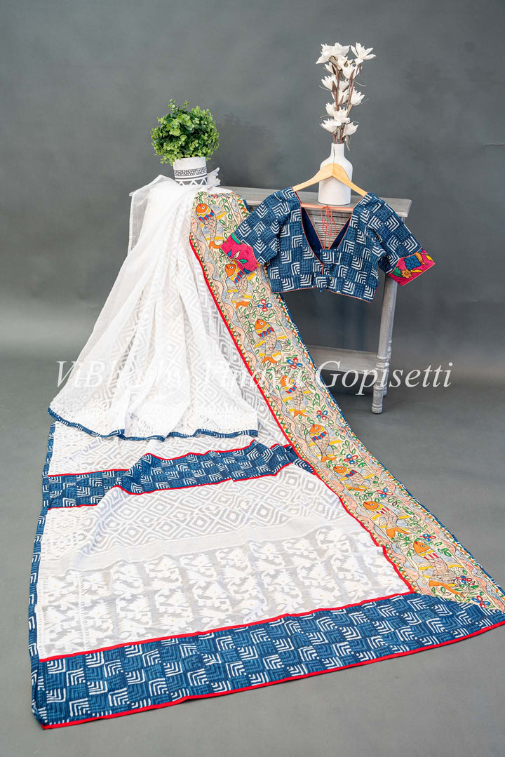 White and blue batik fusion saree with Fish motifs