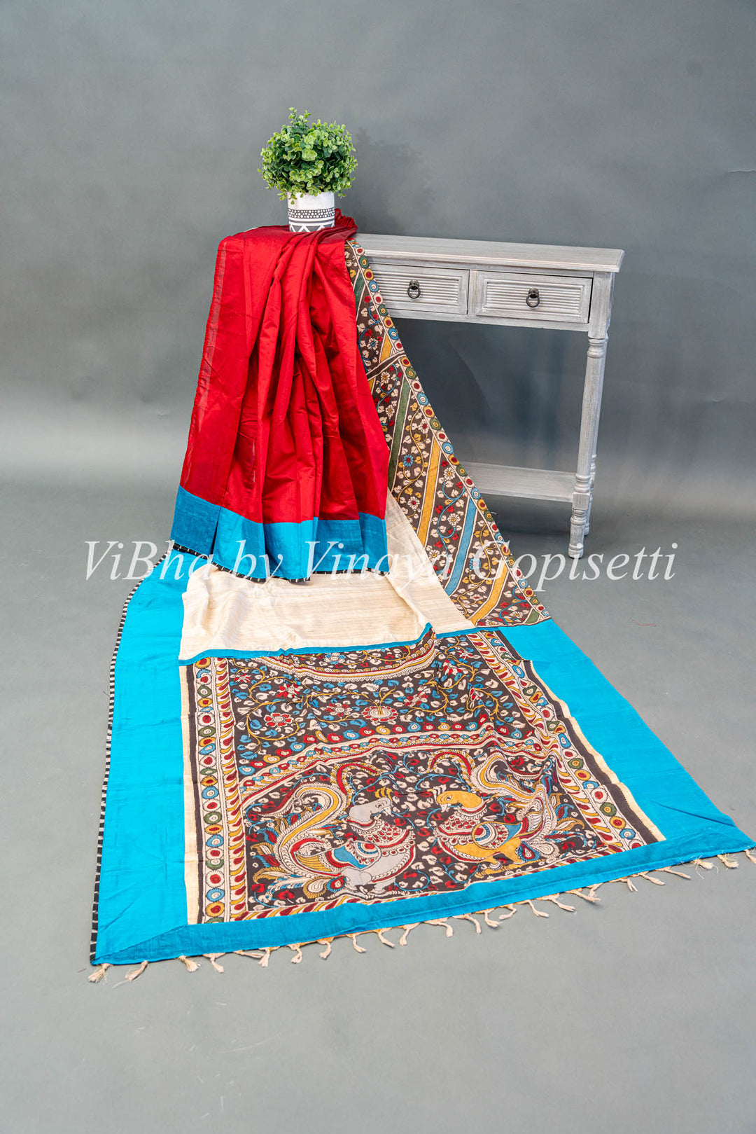 Red White and Blue Kalamkari fusion Saree