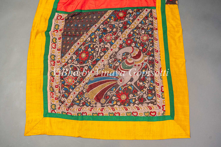 Ikkat And Pen Kalamkari Half And Half Fusion Saree And Blouse