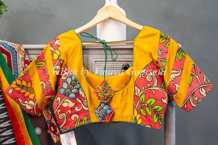 Ikkat And Pen Kalamkari Half And Half Fusion Saree And Blouse