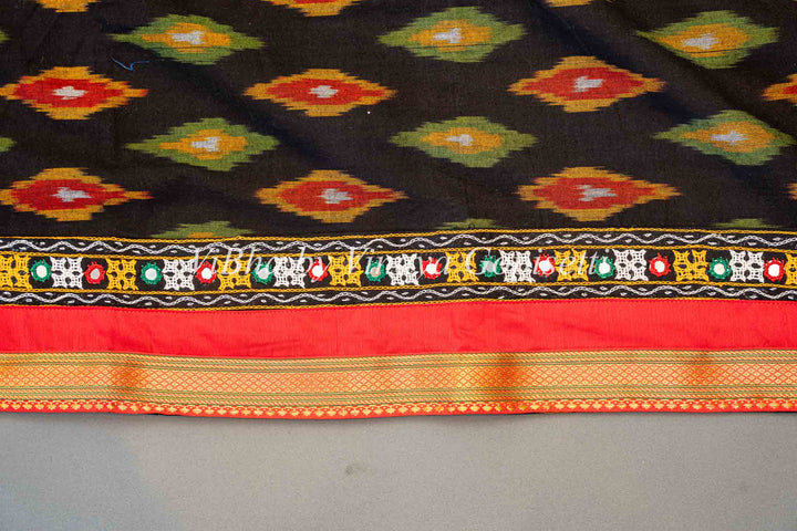 Green Handloom Cotton With Ikkat Weave And Kutch Borders Saree And Blouse