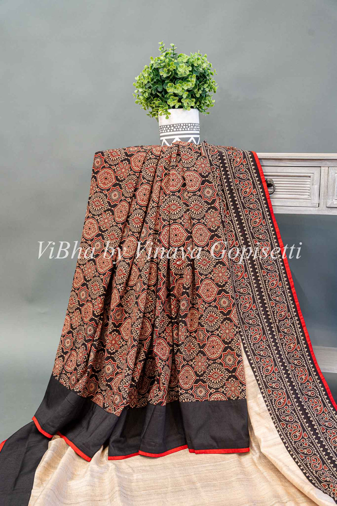 Ajrakh Print Fusion Saree and sleevless blouse