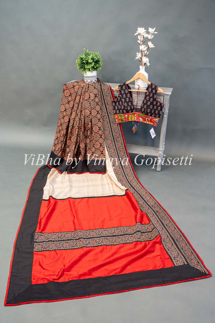 Ajrakh Print Fusion Saree and sleevless blouse