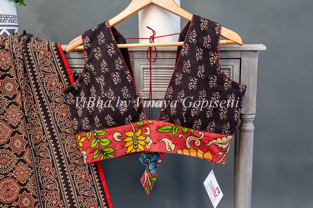 Ajrakh Print Fusion Saree and sleevless blouse