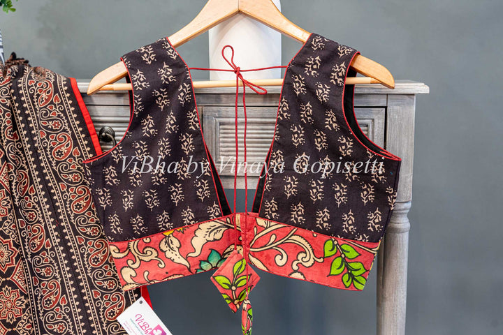 Ajrakh Print Fusion Saree and sleevless blouse