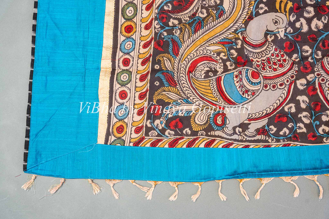 Red White and Blue Kalamkari fusion Saree