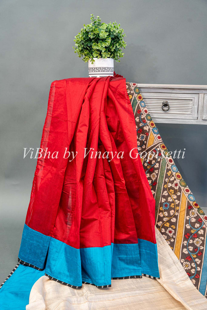 Red White and Blue Kalamkari fusion Saree